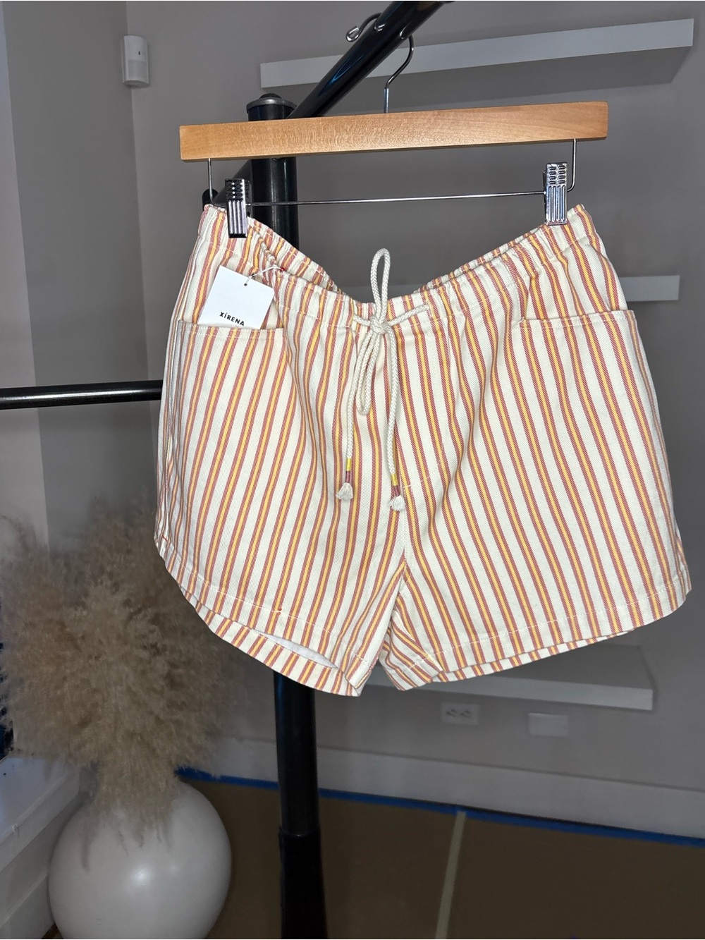 XiRENA Striped Drawstring Casual Shorts in Orange and White